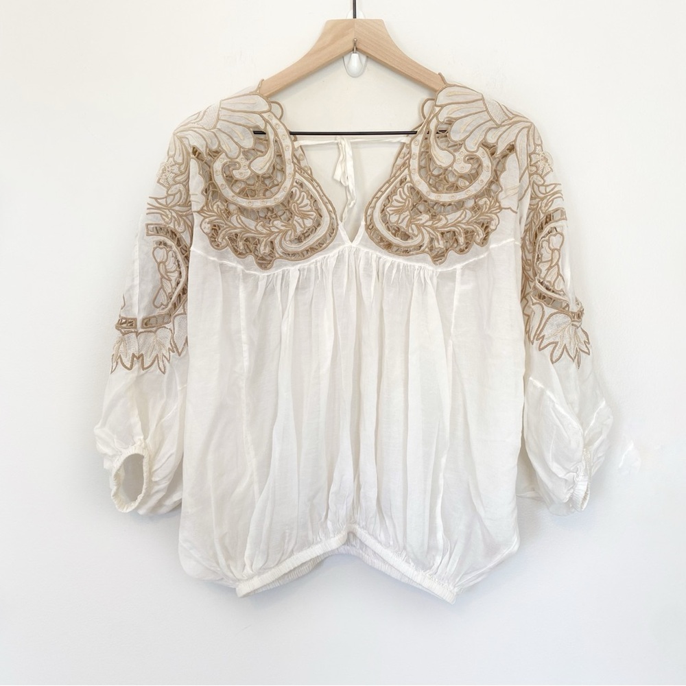 Free People Cutwork Balloon Dolman Blouse in White Cloud size Small - Picture 4 of 10
